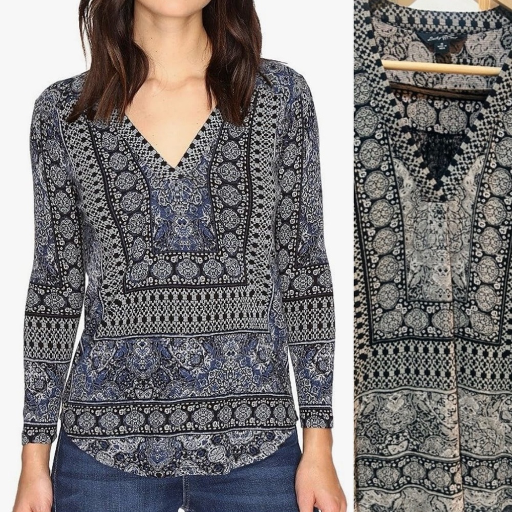 Lucky Brand Etched Geo V-Neck Henley Top Black Taupe Cotton Boho Paisley Size S